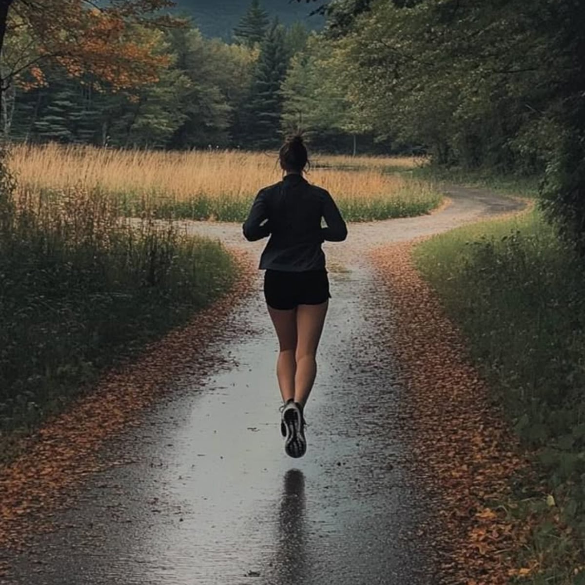 A person with a bun hairstyle jogs on a wet, winding path through a park, surrounded by trees and tall grass under a cloudy sky.