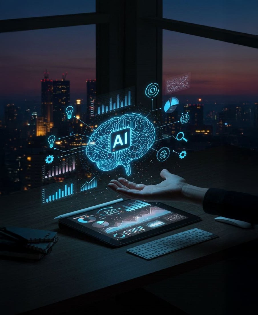 A person’s hand reaches toward a digital hologram of a brain labeled "AI," with data charts and graphs, above a tablet and keyboard on a desk overlooking a cityscape at dusk.