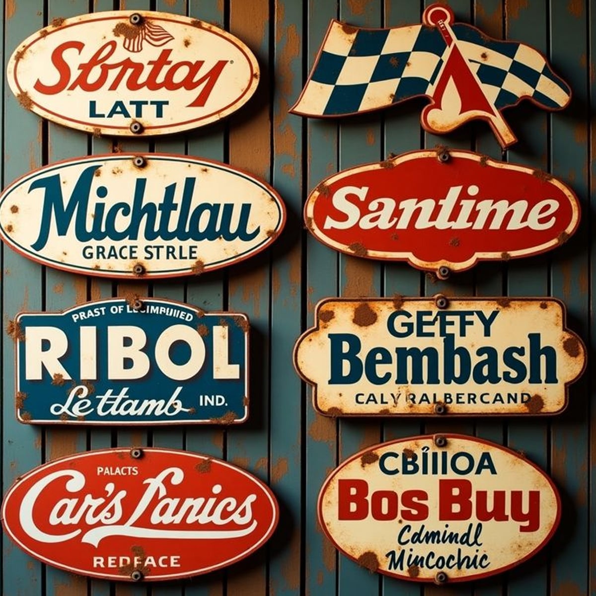 Eight vintage, oval metal signs with various stylized brand names and slogans are displayed on a wooden wall. A checkered flag is placed above the top right sign. The signs feature bold lettering and weathered finishes.