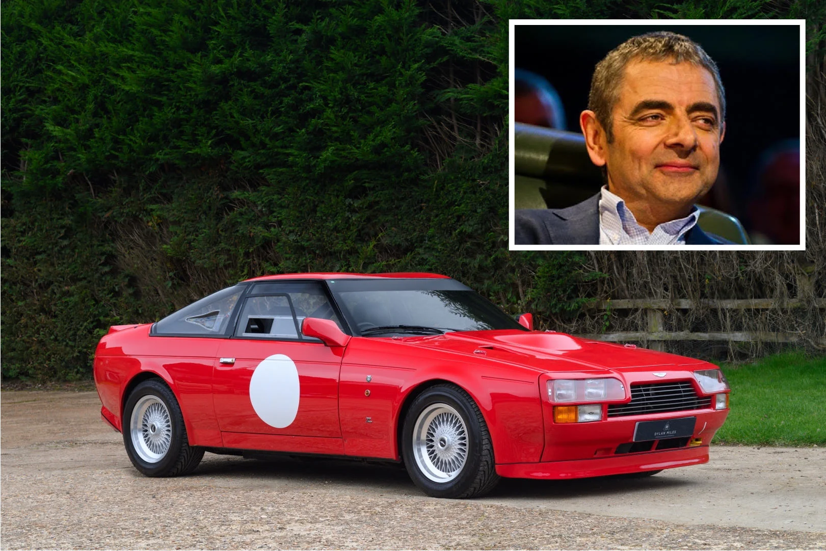 A classic red sports car with a white circle on the door is parked outdoors. Inset at the top right is a portrait of a smiling man in a suit, sitting indoors.