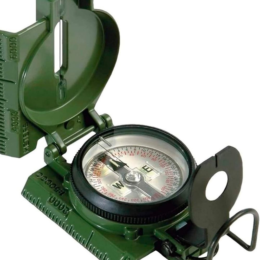 An open green military-style compass with a clear baseplate, sighting lens, and a rotating bezel showing cardinal directions and degree markings.