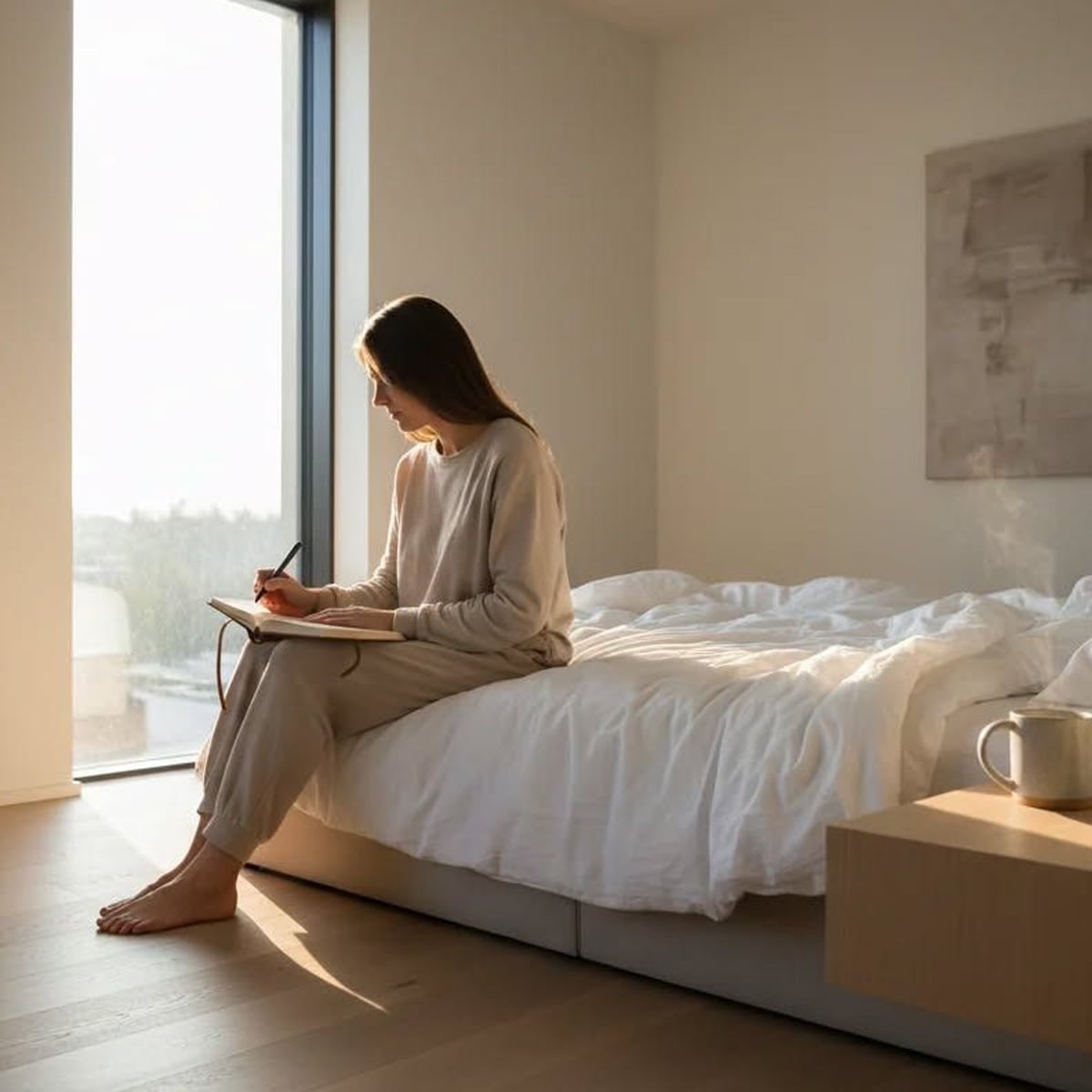 A woman in light-colored loungewear sits on the edge of a bed by a large window, writing in a notebook. Sunlight fills the minimal, tidy bedroom. A mug sits on the bedside table.