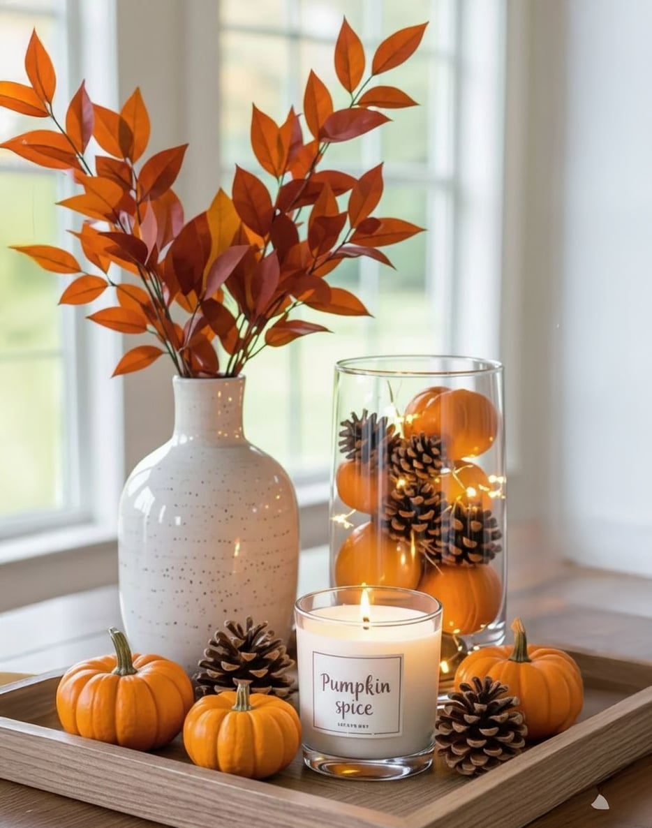A decorative autumn arrangement with a white vase holding orange leaves, a glass jar filled with mini pumpkins, pinecones, and string lights, a lit pumpkin spice candle, and small pumpkins on a wooden tray by a window.
