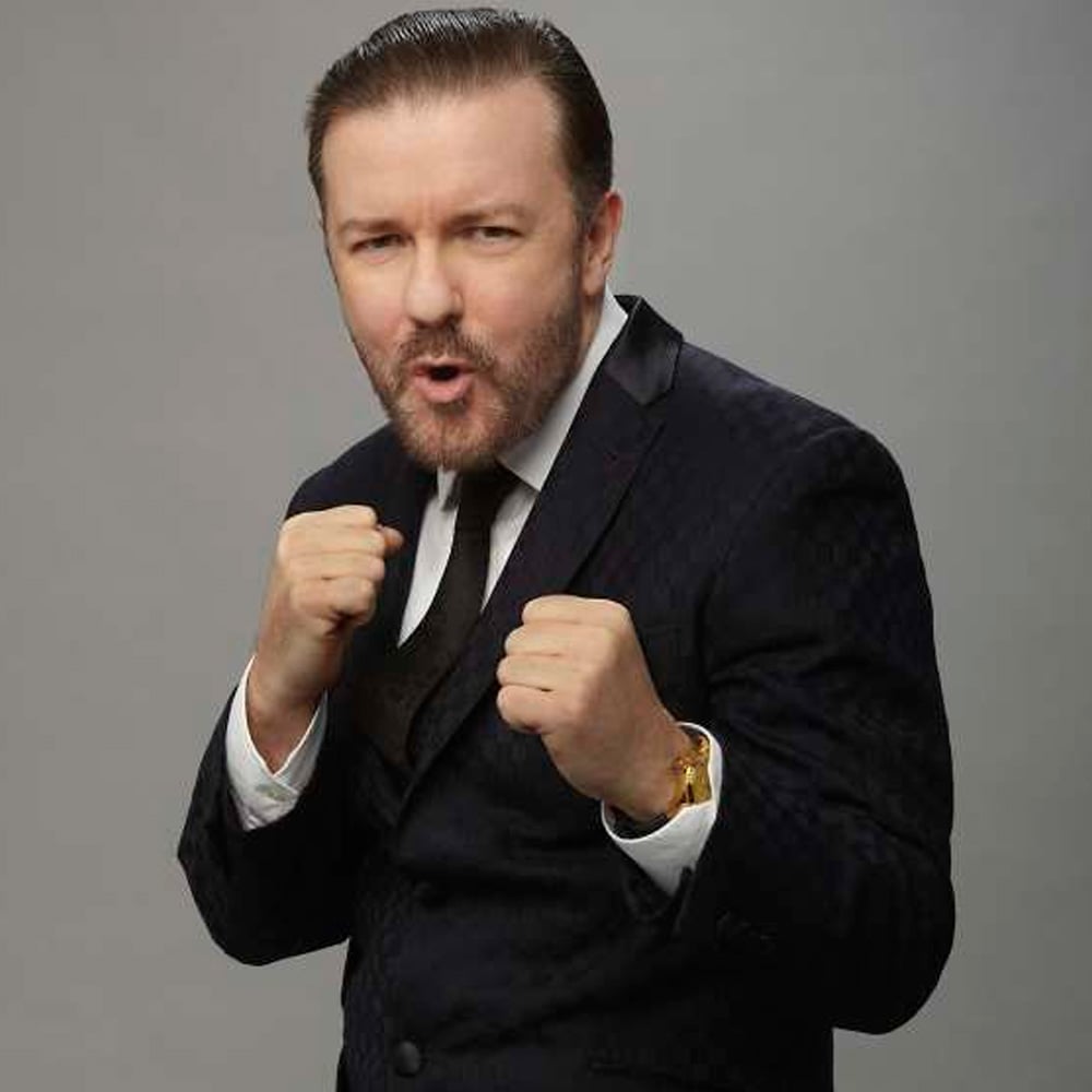 A man in a dark suit poses with his fists raised in front of him, as if playfully boxing. He has short, slicked-back hair, a trimmed beard, and a serious yet playful expression. The background is plain and gray.