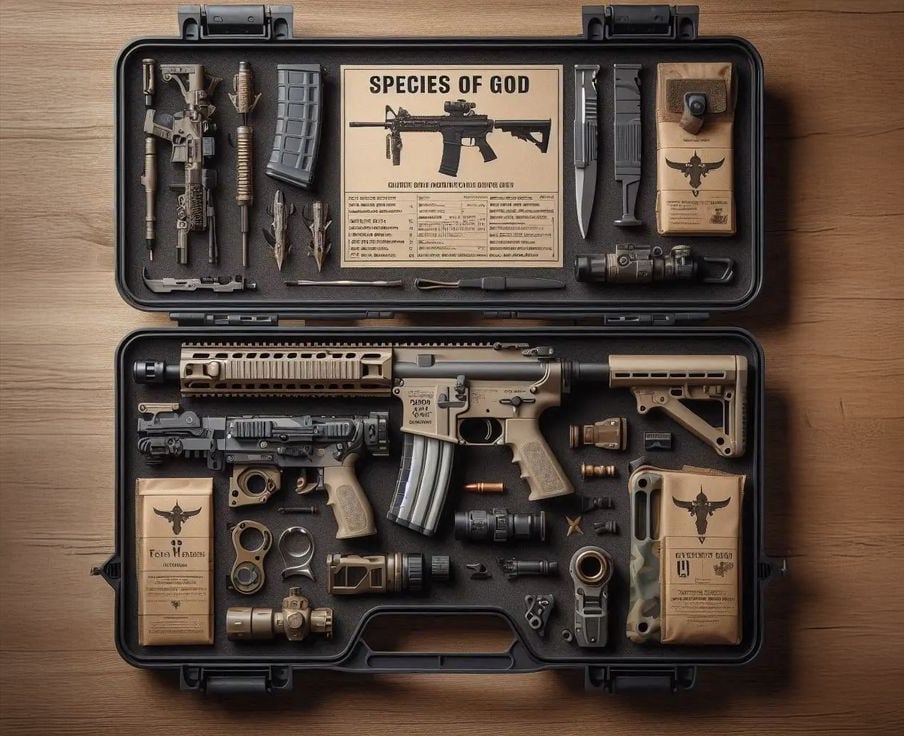 A hard case open on a wooden surface displays a neatly organized assortment of firearm parts, tactical accessories, ammunition, and labeled instruction sheets, with a prominent “Species of God” diagram at the top.