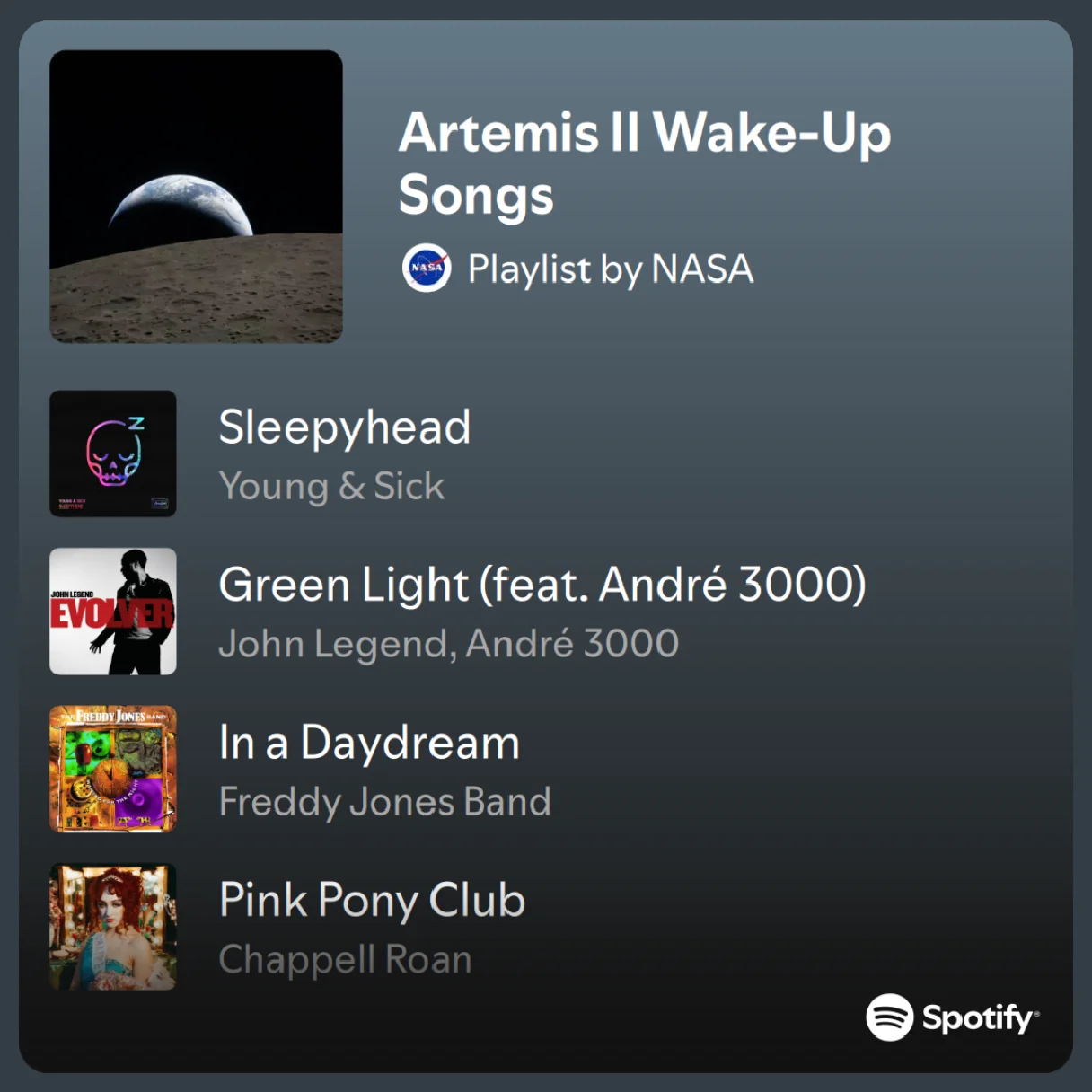 A Spotify playlist called "Artemis II Wake-Up Songs" by NASA is shown. Four songs listed are: "Sleepyhead," "Green Light (feat. André 3000)," "In a Daydream," and "Pink Pony Club." A crescent Earth appears above the Moon.
