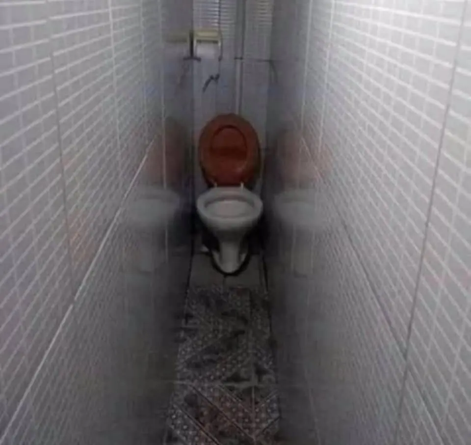 A narrow bathroom with white tiled walls, a patterned floor, and a toilet with a brown seat and lid at the far end. The space is extremely tight, leaving little room on either side of the toilet.