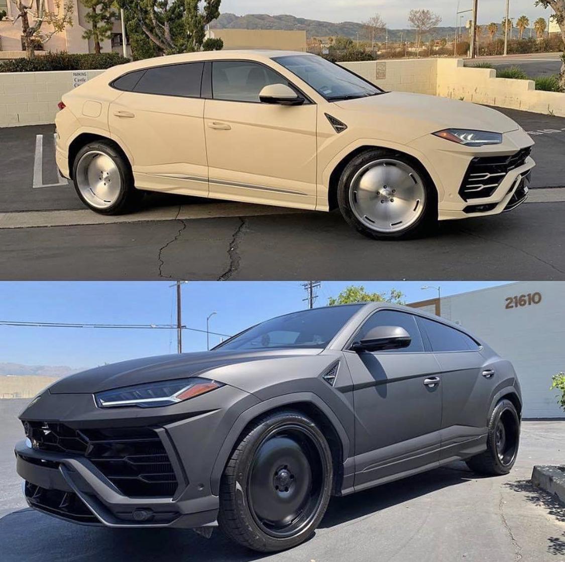Two Lamborghini Urus SUVs parked outdoors: the top one is cream-colored, and the bottom one is matte black. Both vehicles have unusual disc-style rims and are parked in different sunny locations.