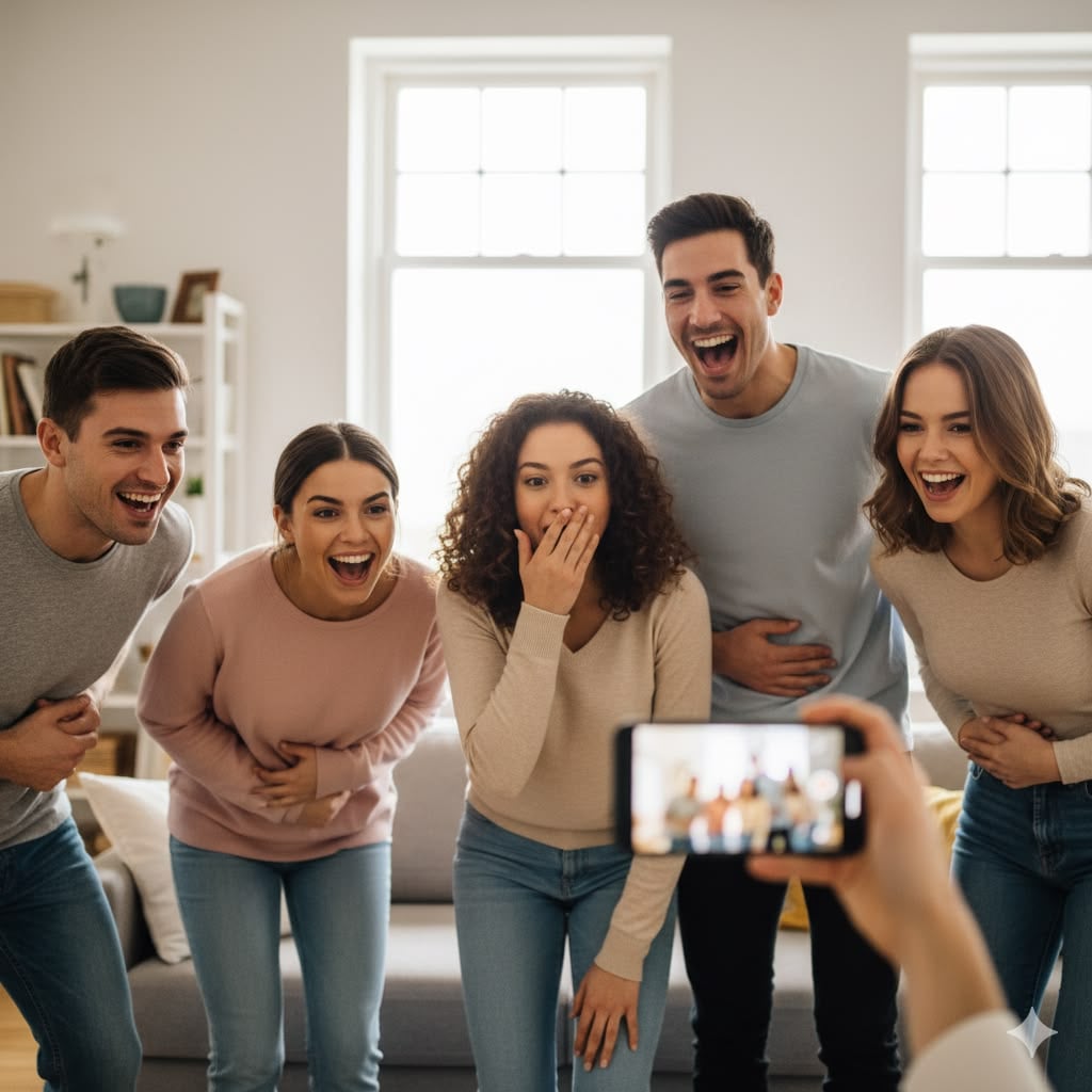 Five young adults stand close together indoors, laughing and smiling as someone takes their photo with a smartphone. They appear joyful and are casually dressed, with a bright, cozy living room in the background.