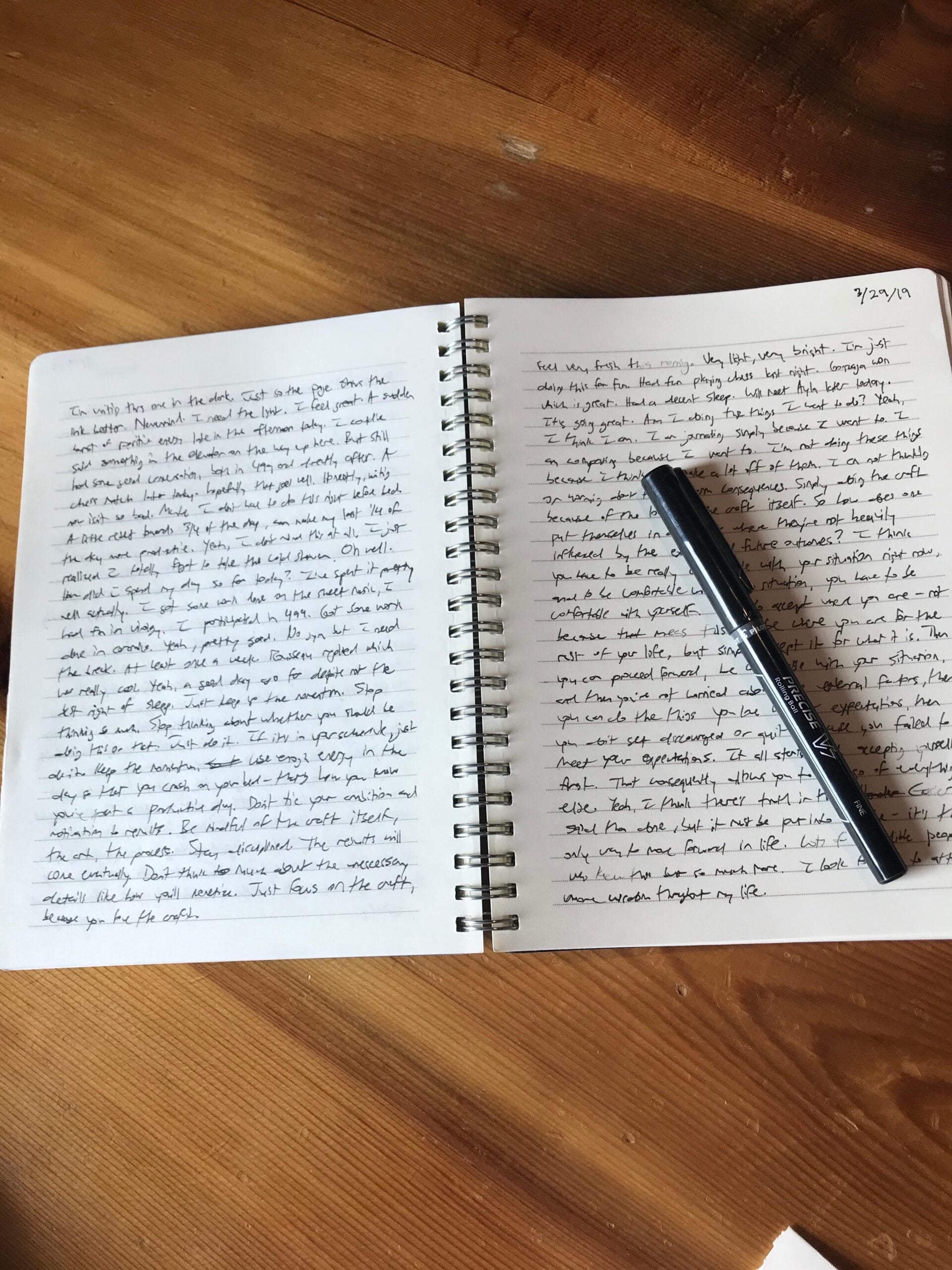 An open spiral notebook filled with handwritten text on both pages sits on a wooden table. A black pen rests diagonally across the right page. The date "3/27/19" is written at the top right corner.