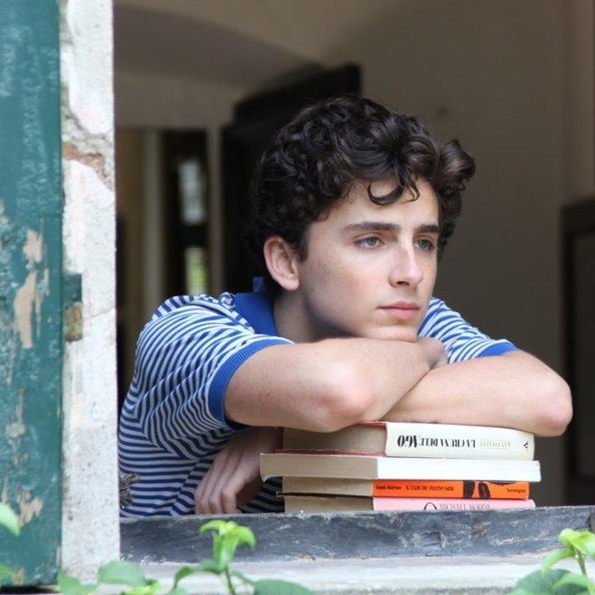 A young person with curly hair and a blue striped shirt leans on a windowsill, resting their chin on their arms, which are placed atop a stack of books, looking thoughtfully outside.