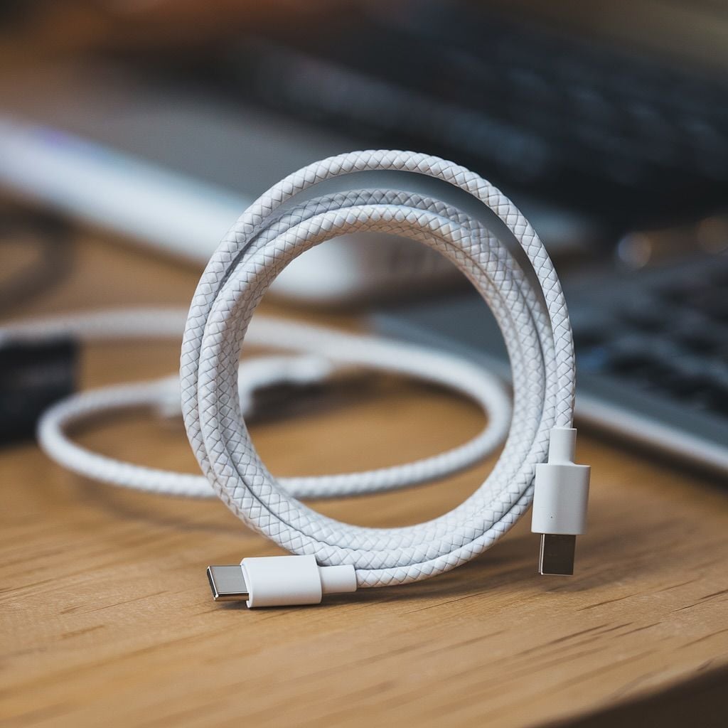A coiled white USB-C charging cable rests on a wooden desk next to a laptop keyboard in a softly lit indoor setting.