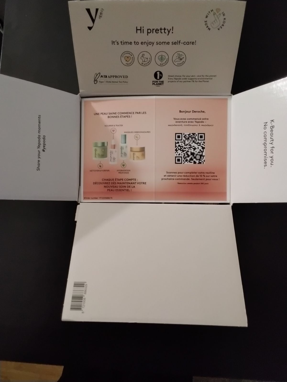An open white box with printed text inside the lid that says "Hi pretty! It's time to enjoy some self-care!" and includes a QR code, product details, and logos for cruelty-free and vegan certifications.