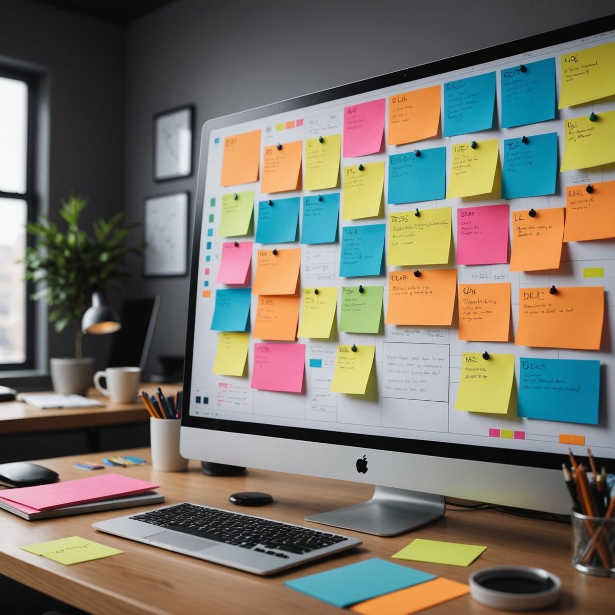A computer monitor on a desk is covered with colorful sticky notes, displaying reminders and tasks. The desk also has office supplies, notebooks, and a coffee cup, with a modern office background and natural light.