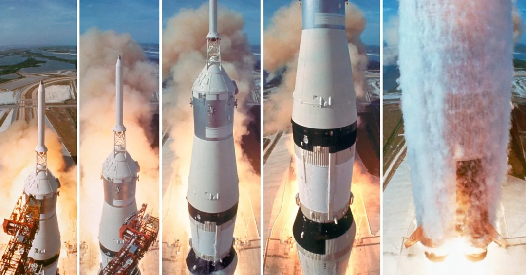 A collage of five vertical panels shows a rocket launching, from pre-liftoff on the launchpad to the rocket ascending with flames and smoke below.