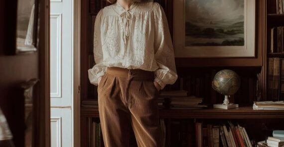 A person stands indoors wearing a loose white blouse and brown pleated pants, with hands in pockets. Behind them are bookshelves, a globe, and a landscape painting in a cozy, vintage-style room.