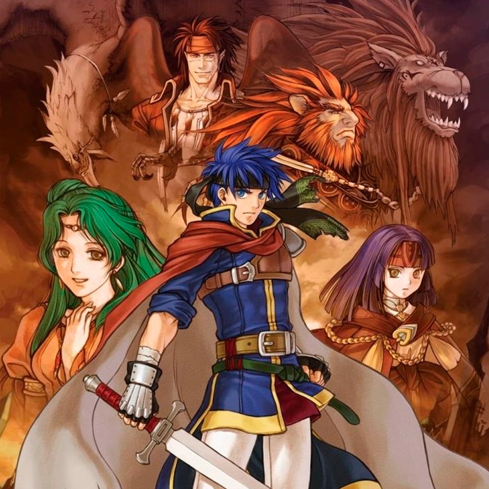 A blue-haired swordsman stands confidently in front, flanked by a green-haired woman and a purple-haired girl. Behind them, powerful figures and mythical beasts appear in a dramatic, fantasy-themed background.