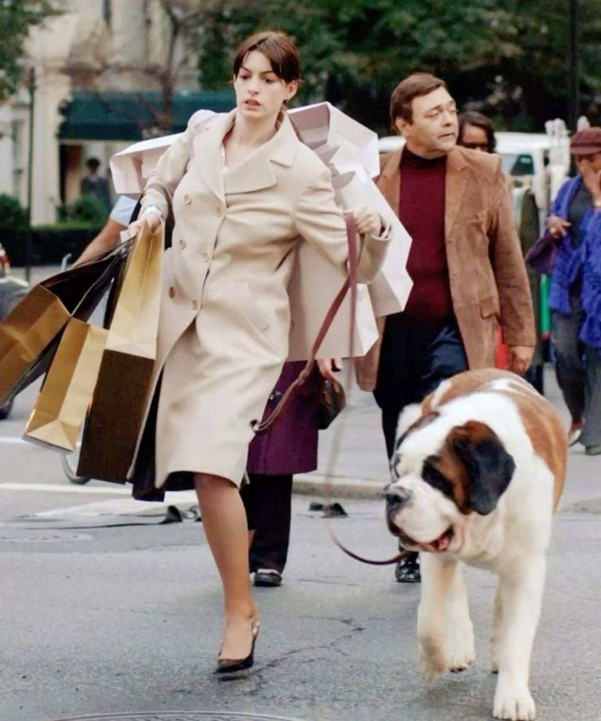 A woman in a beige coat carries several shopping bags and boxes while walking a large Saint Bernard dog on a city street. People walk behind her, and trees and buildings are in the background.