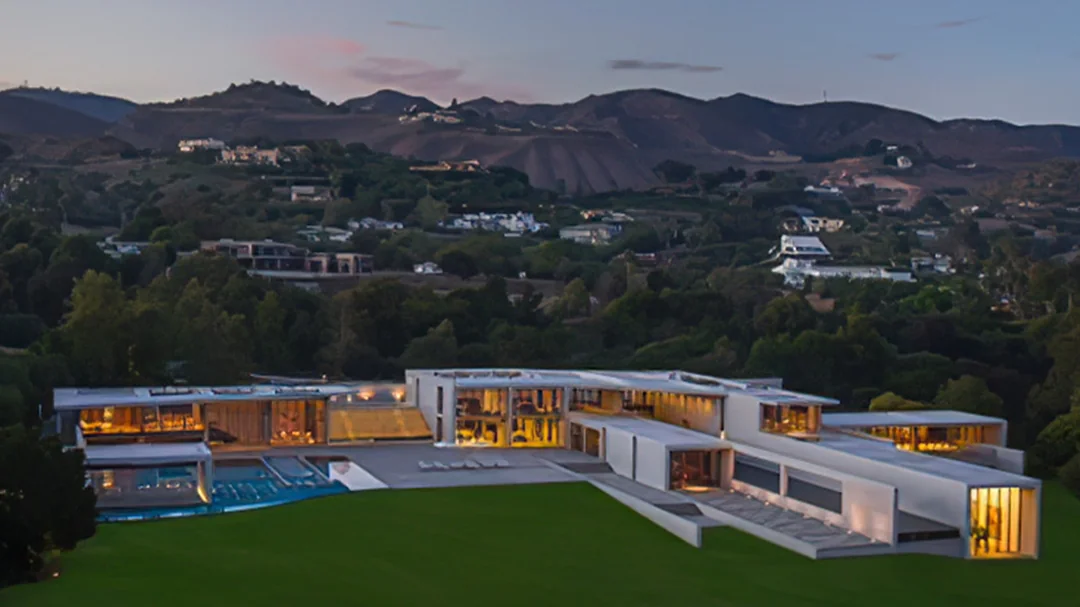 A large, modern mansion with glass walls and geometric design sits among green lawns and trees, with hills and scattered houses in the background at dusk. The interior lights give the house a warm glow.