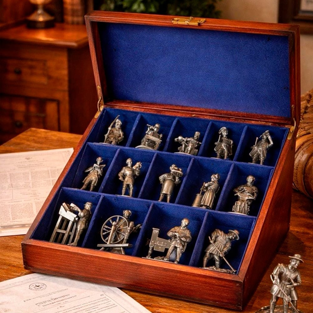 An open wooden box with blue lining displays 15 detailed metal figurines, each in its own compartment, arranged on a wooden desk with scattered papers nearby.