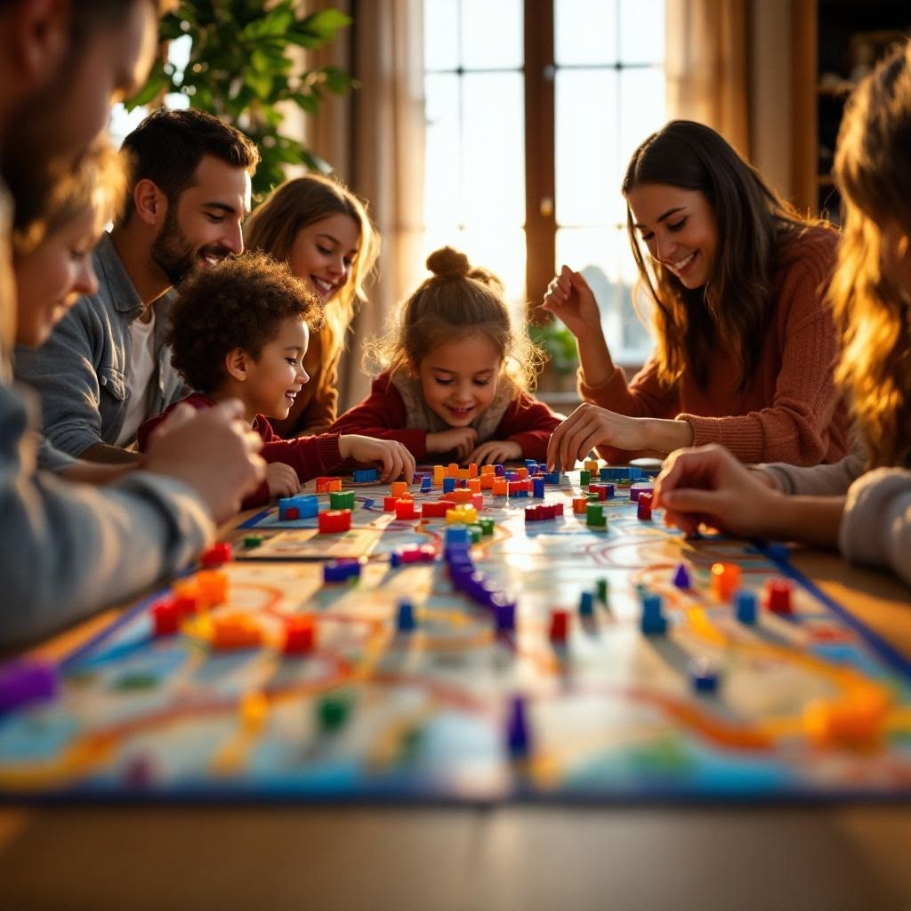 A diverse group of adults and children sit around a table, smiling and playing a colorful board game together in a warmly lit room with sunlight streaming through windows in the background.