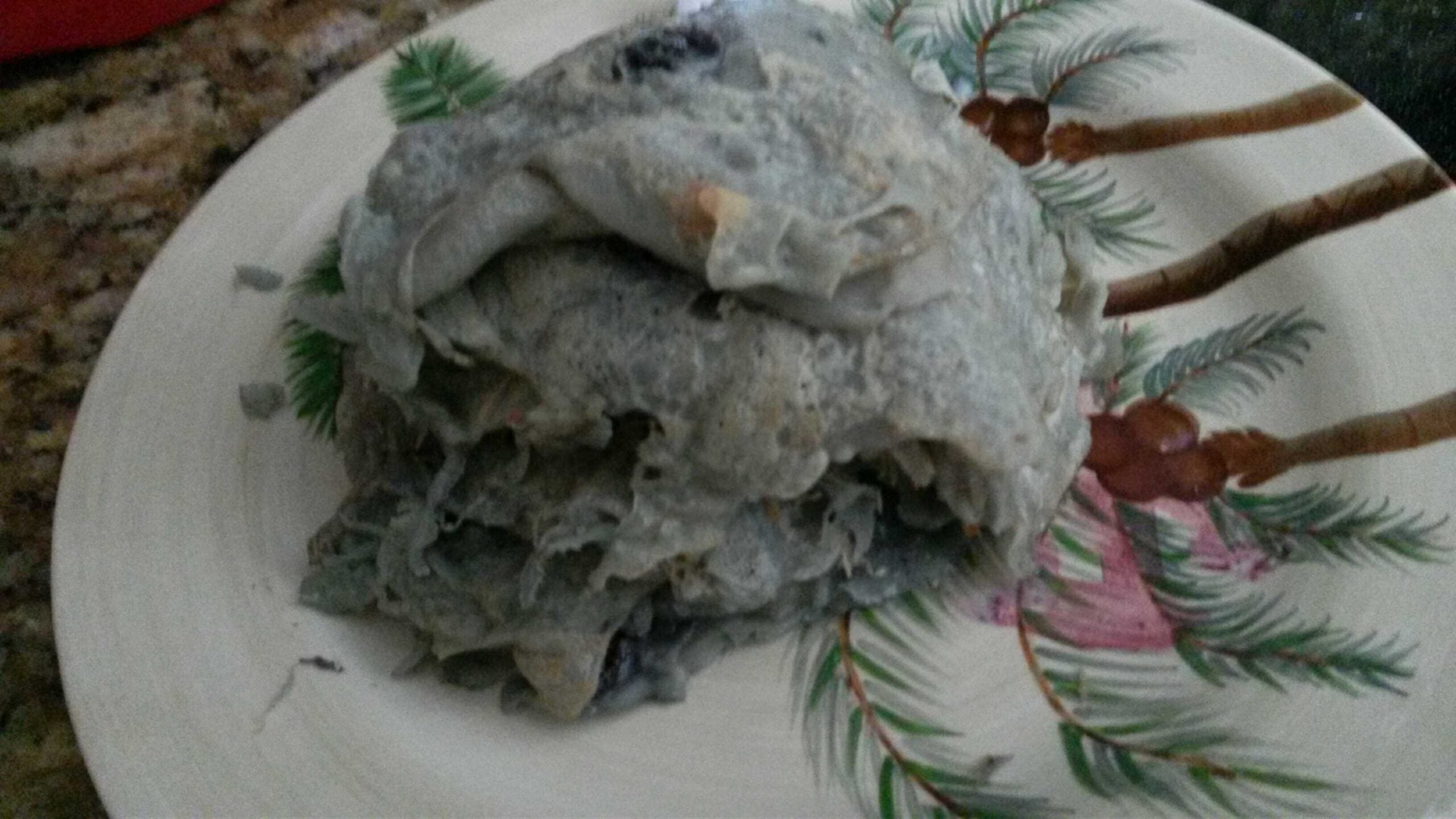 A gray, lumpy pile of food on a decorative plate with pine branches and red berries, sitting on a brown granite countertop.