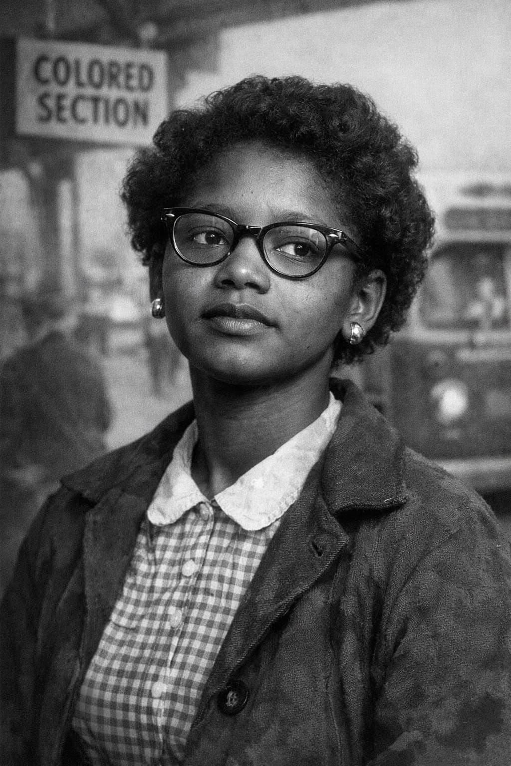 A young Black woman wearing glasses and a checked shirt stands in front of a sign that reads "COLORED SECTION," suggesting a scene from the era of racial segregation in the United States.