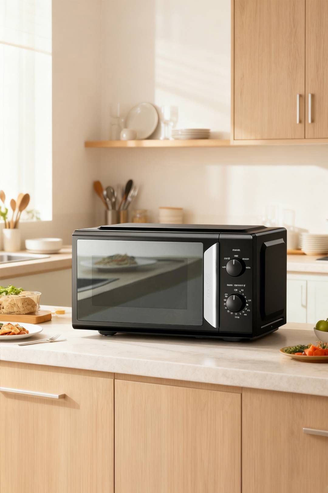 A black microwave oven sits on a light kitchen countertop, surrounded by wooden cabinets and dishes of prepared food, with natural light coming through a nearby window.