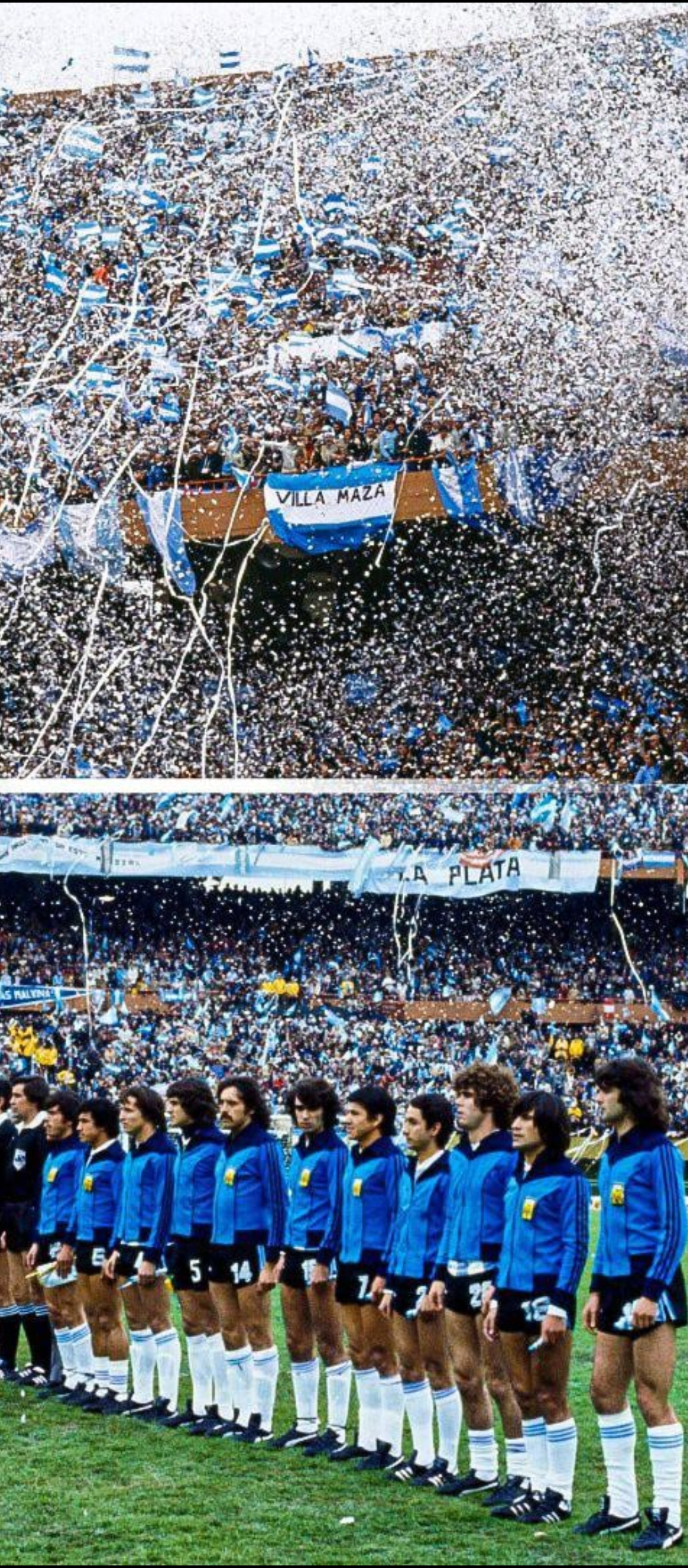 A soccer team in blue jerseys stands in a line on the field, facing a packed stadium filled with cheering fans, blue and white confetti, and streamers, creating a festive atmosphere.