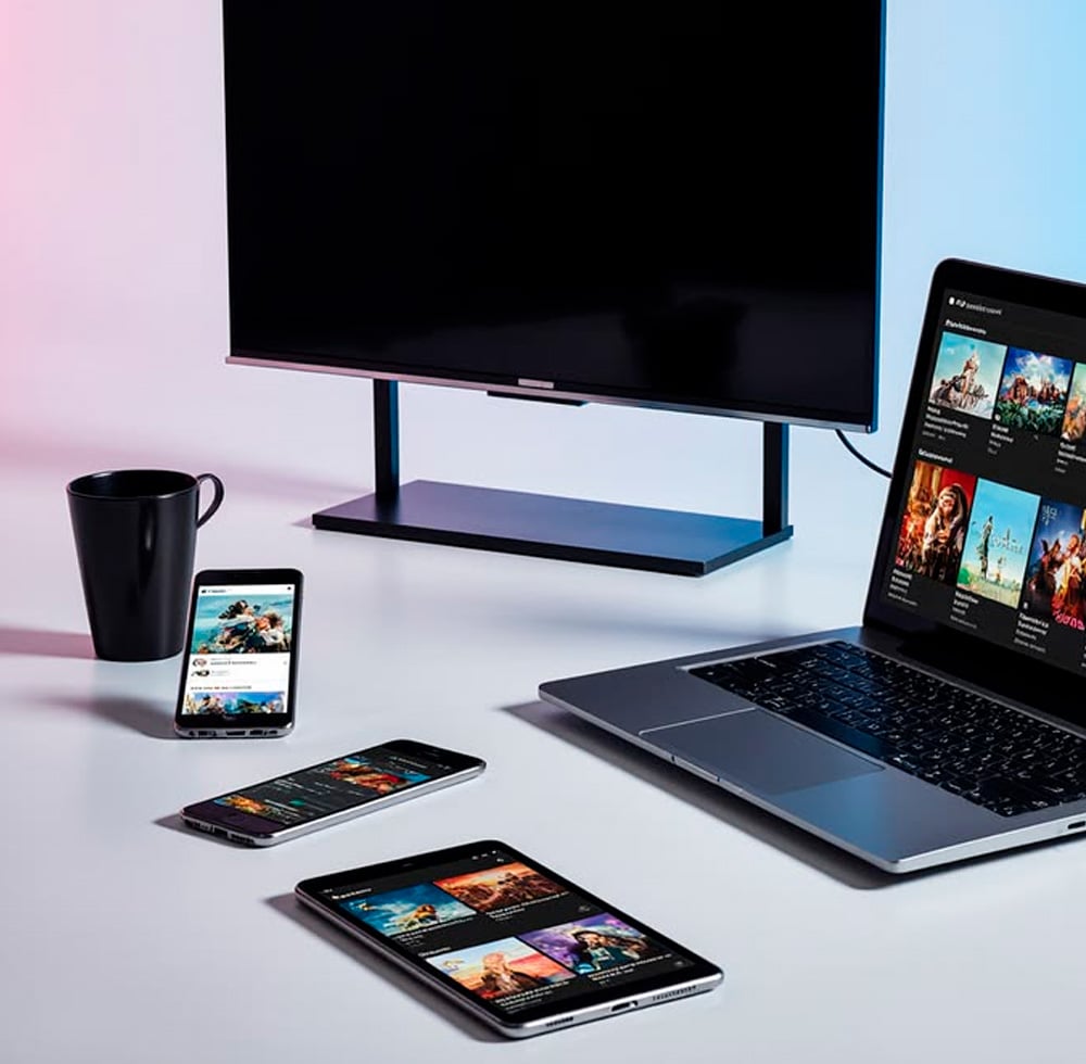 A desk with a black mug, a smartphone, a tablet, a laptop displaying streaming apps, and a large monitor, all on a white surface with blue and pink lighting in the background.