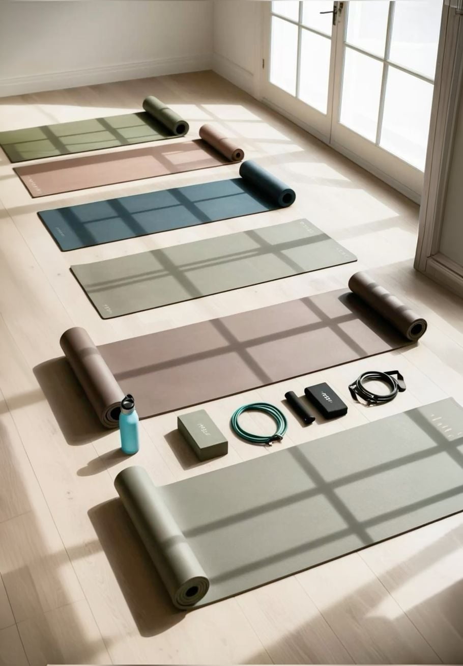 Five rolled yoga mats are laid out in a sunlit room with large windows. One mat has a water bottle, resistance bands, a jump rope, and exercise blocks placed on it. The room has light wooden floors.