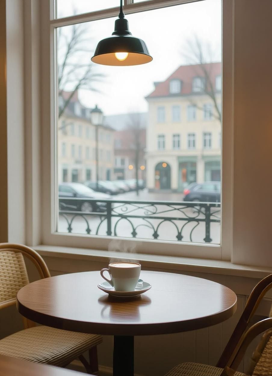 A steaming cup of coffee sits on a round wooden table by a window, with wicker chairs nearby. Outside, blurred buildings, parked cars, and leafless trees are visible under an overcast sky.