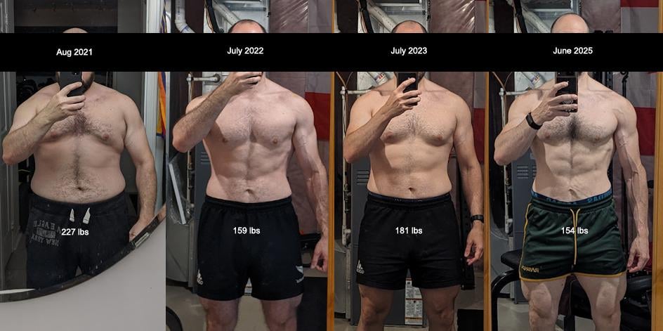 Four side-by-side mirror selfies of a man showing physique changes over time: August 2021 (227 lbs), July 2022 (159 lbs), July 2023 (181 lbs), June 2025 (154 lbs). Each image is labeled with the date and weight.