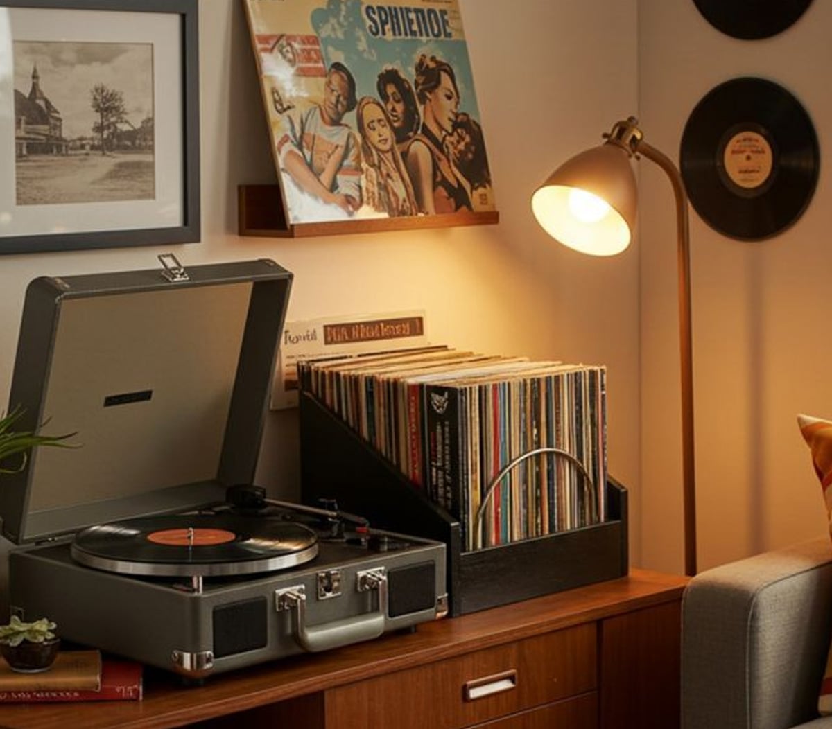 A cozy room corner with a vintage record player, vinyl records in a holder, records displayed on the wall, a lit standing lamp, and framed artwork above a wooden cabinet.