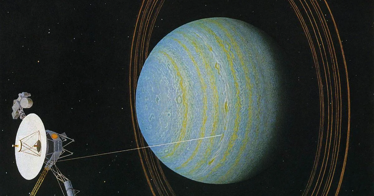 An illustration shows a spacecraft near a large, blue-green, striped planet with thin rings, in the darkness of space. The spacecraft emits a beam toward the planet.
