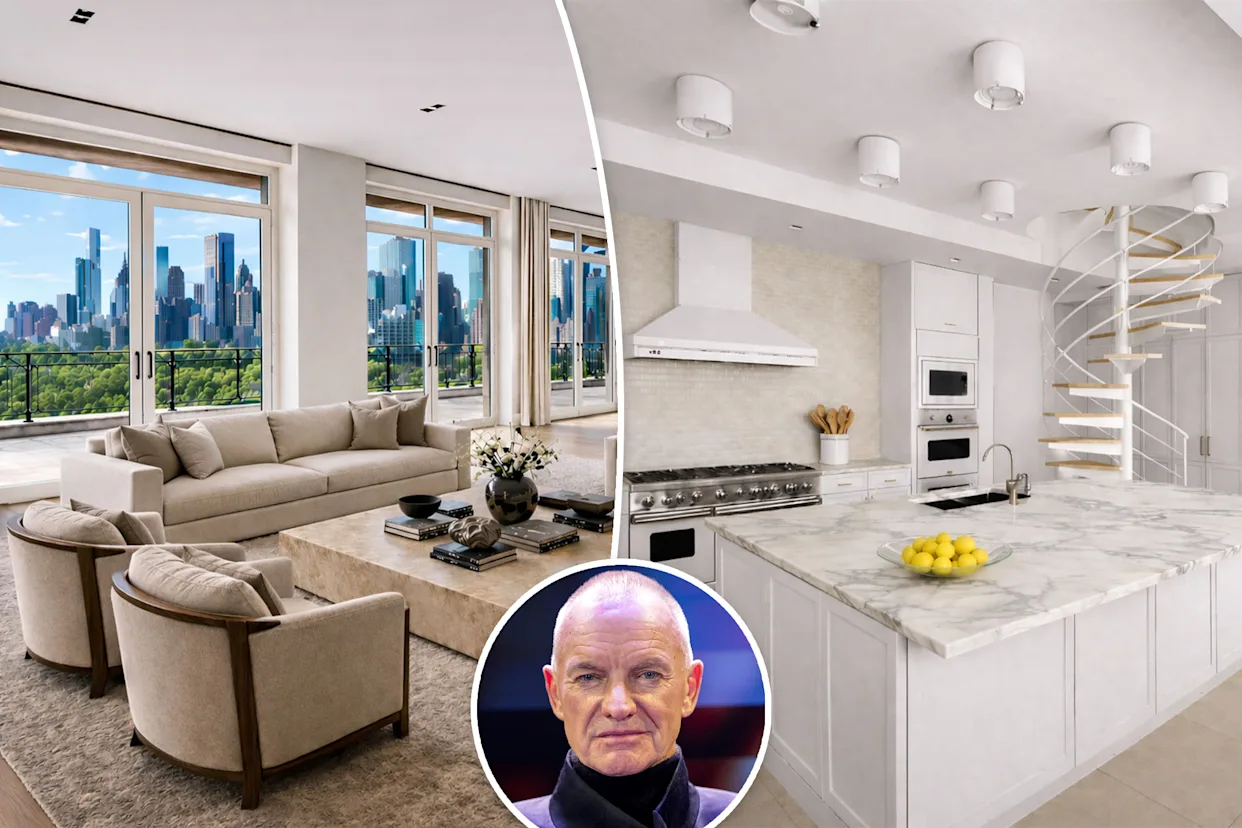 A collage shows a modern living room with large windows overlooking a city skyline, a bright white kitchen with a spiral staircase, and a circular inset of a bald man wearing a black jacket.
