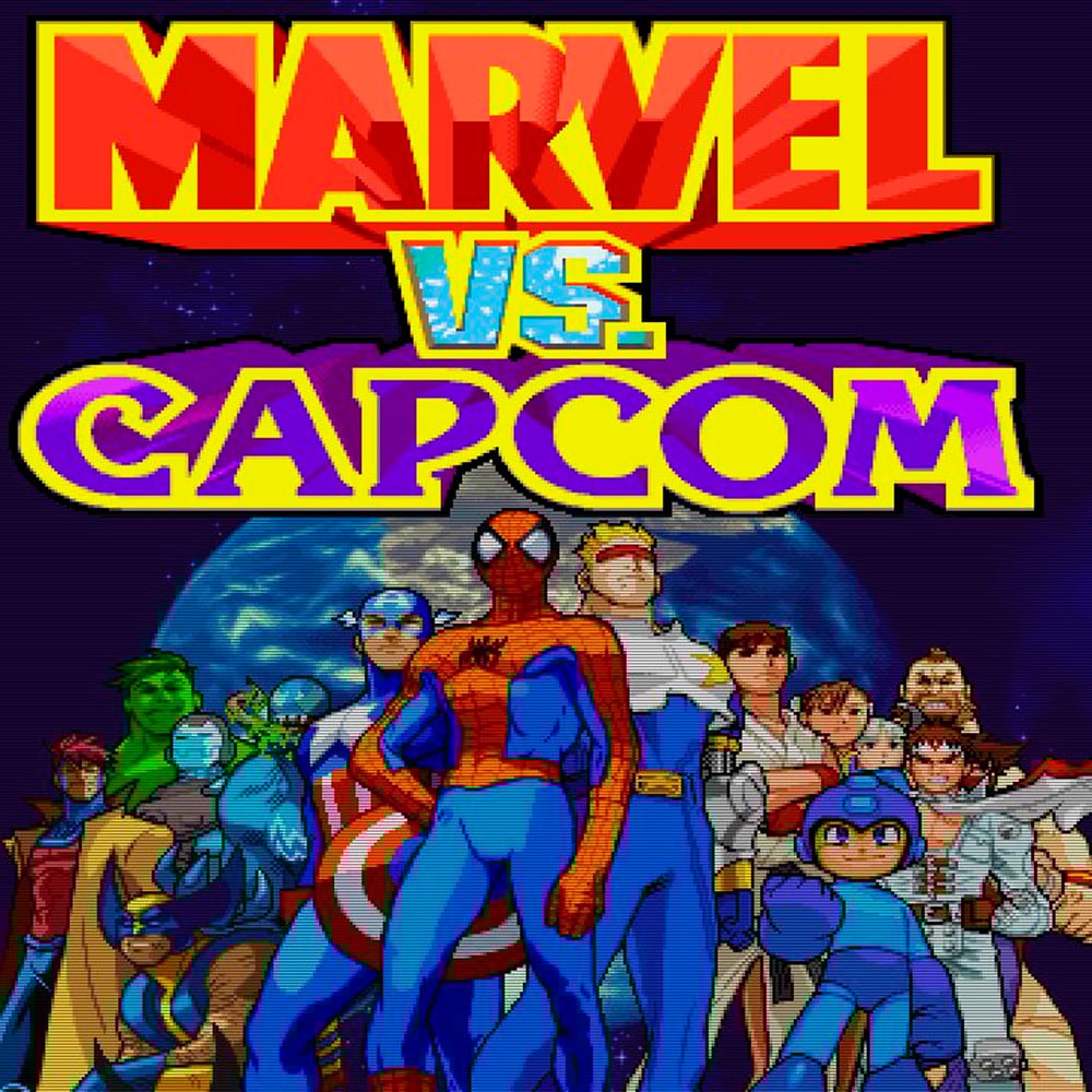 Marvel vs. Capcom video game cover featuring characters like Spider-Man, Captain America, and Mega Man standing in front of a planet Earth background with bold, colorful title text above them.