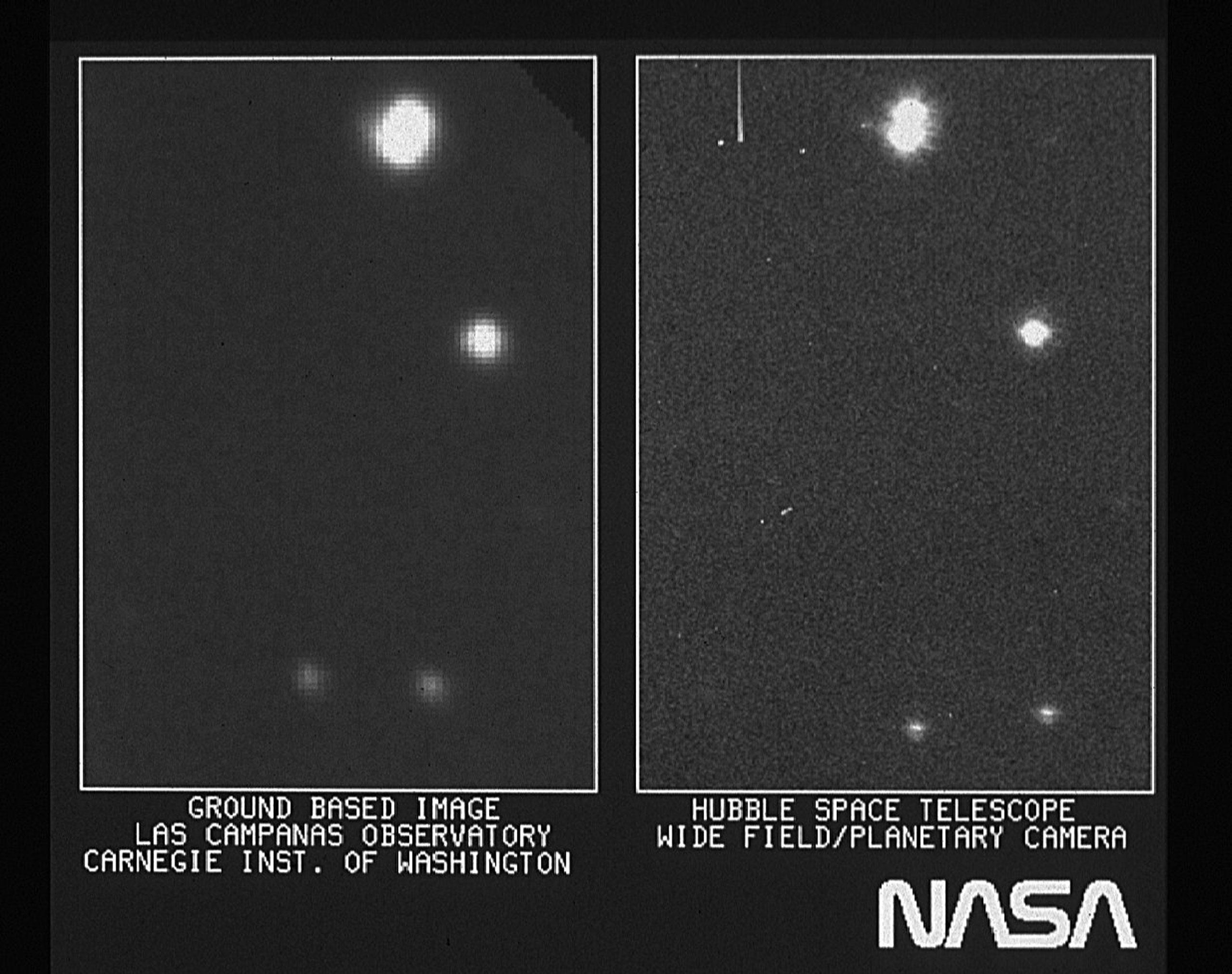 Side-by-side comparison of Jupiter and its moons: a blurry ground-based telescope image (left) and a clearer Hubble Space Telescope image (right). NASA logo at bottom right.