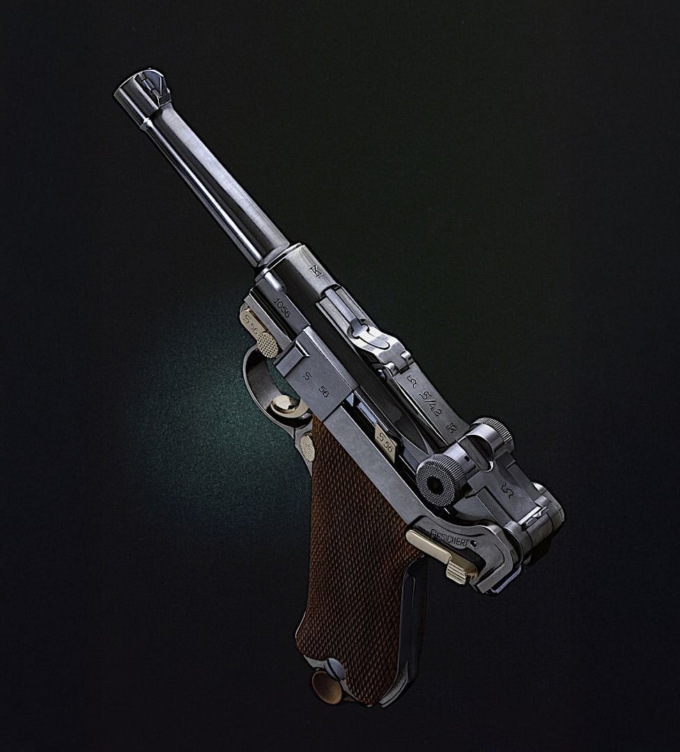 A detailed photograph of a classic Luger pistol with a brown textured grip, metallic barrel, and intricate mechanical parts, displayed against a solid black background.