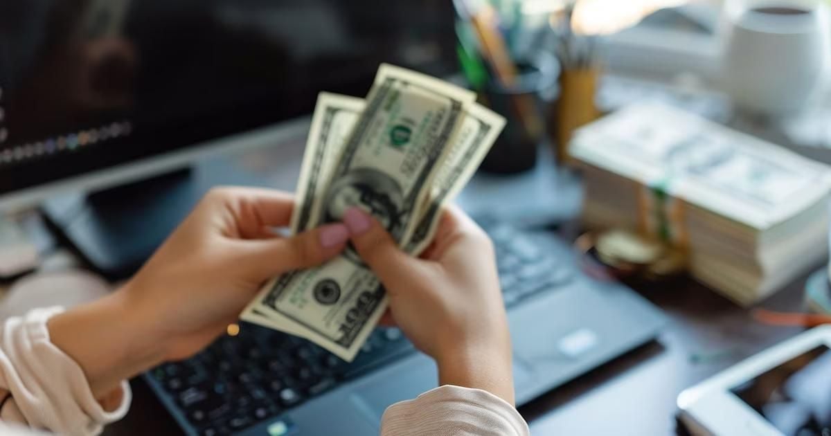 A person counting US dollar bills at a desk with a laptop, a computer monitor, and more money stacked in the background. The workspace also has office supplies and a cup.