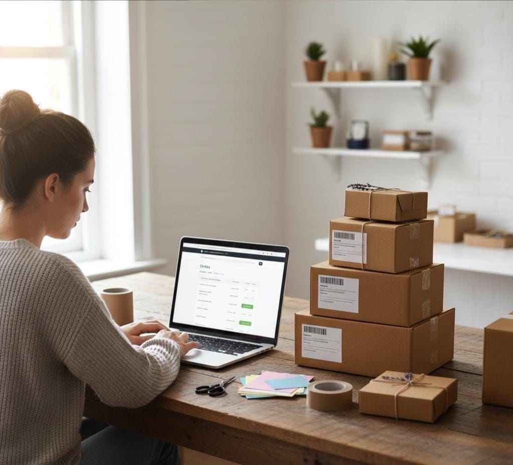 A woman sits at a wooden table using a laptop, surrounded by small cardboard boxes, shipping labels, tape, and scissors, in a bright room with shelves holding plants and decor.