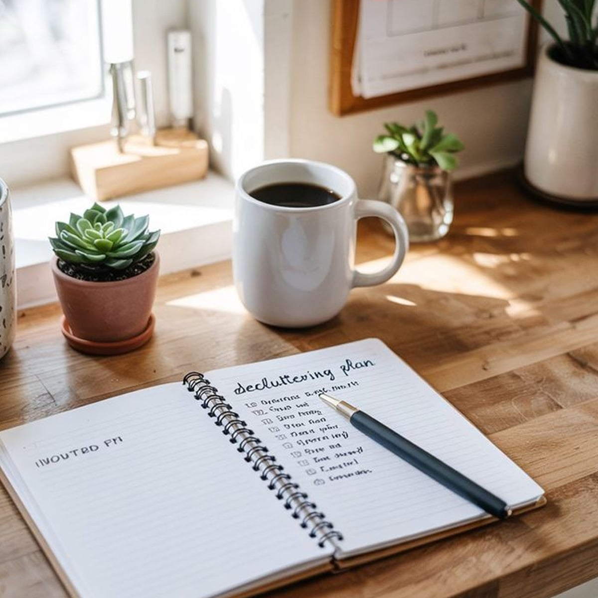 A wooden desk with a notebook open to a handwritten "decluttering plan," a pen, a white coffee mug, and two small potted succulents. Sunlight streams in from a nearby window.