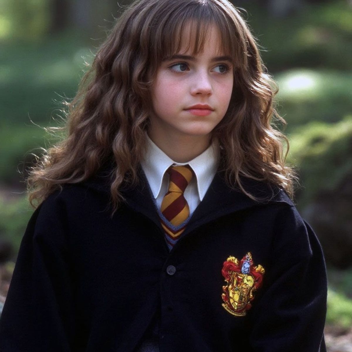 A young girl with wavy brown hair wears a school uniform with a striped tie and a black robe featuring a red and gold crest, standing outdoors with greenery in the background.