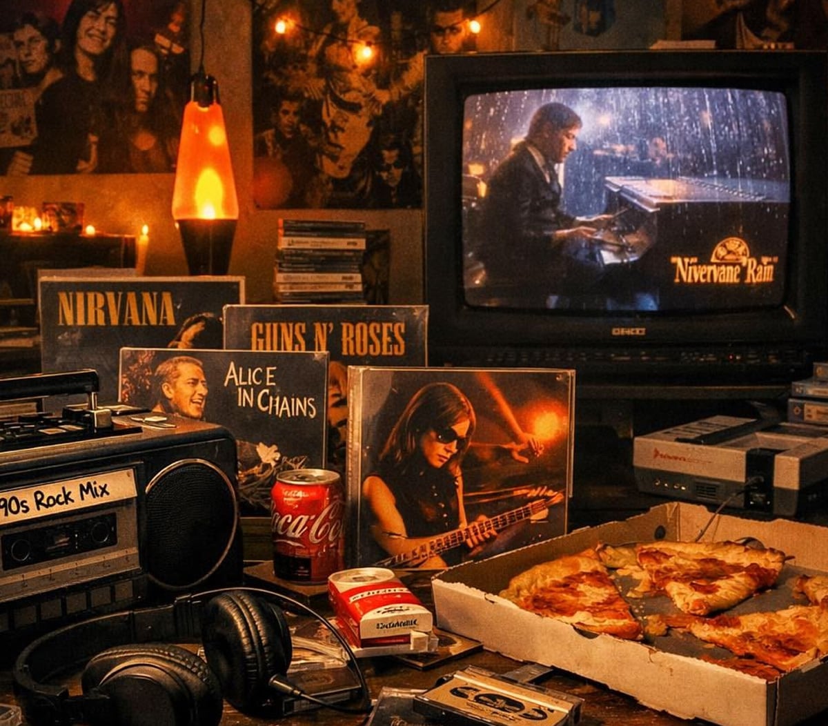 A cozy, dimly lit room with a TV showing a musician at a piano, surrounded by 90s rock band posters and vinyl records, a pizza box, soda cans, a cassette tape player, headphones, and a lava lamp.
