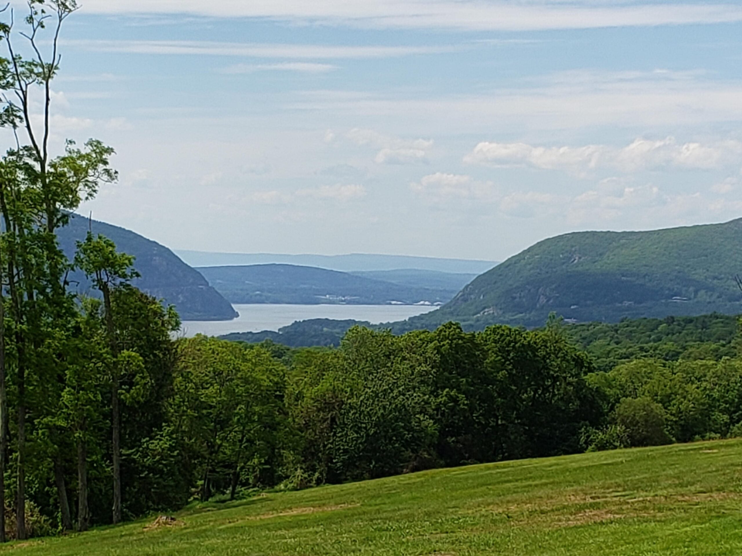 View of a lush green meadow bordered by trees, with distant blue hills and a river or lake winding between them under a partly cloudy sky.
