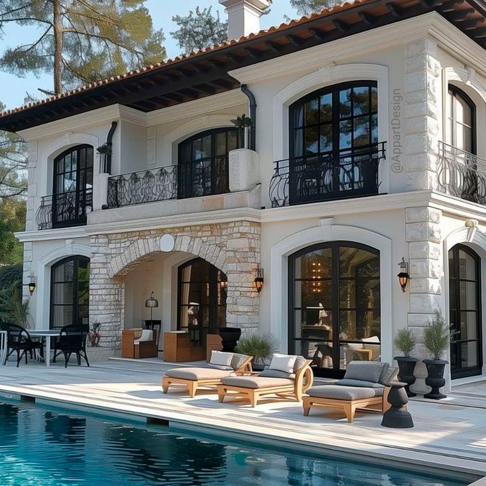 A luxurious two-story villa with arched windows, wrought-iron balconies, and a stone façade, featuring a poolside deck with lounge chairs and outdoor seating, surrounded by trees.