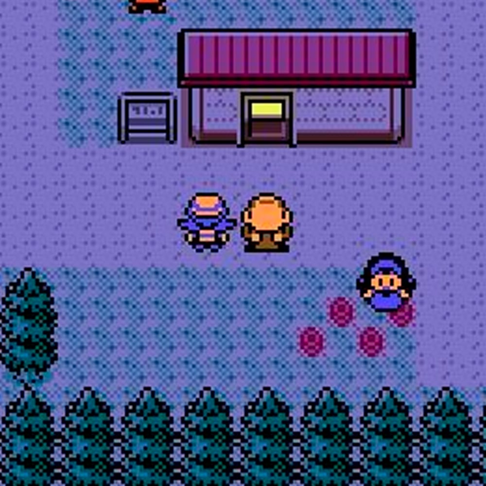 A pixelated scene from a Pokémon game shows three characters near a building with a red roof at dusk. Evergreen trees line the bottom, and a patch of flowers is to the right. The sky has a purple tint.