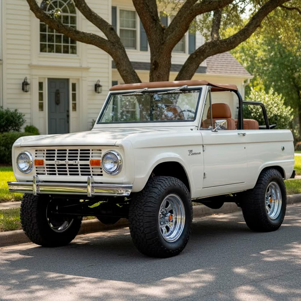 A vintage white Ford Bronco convertible with tan seats is parked on a suburban street in front of a house with white siding and large windows, surrounded by greenery and trees.