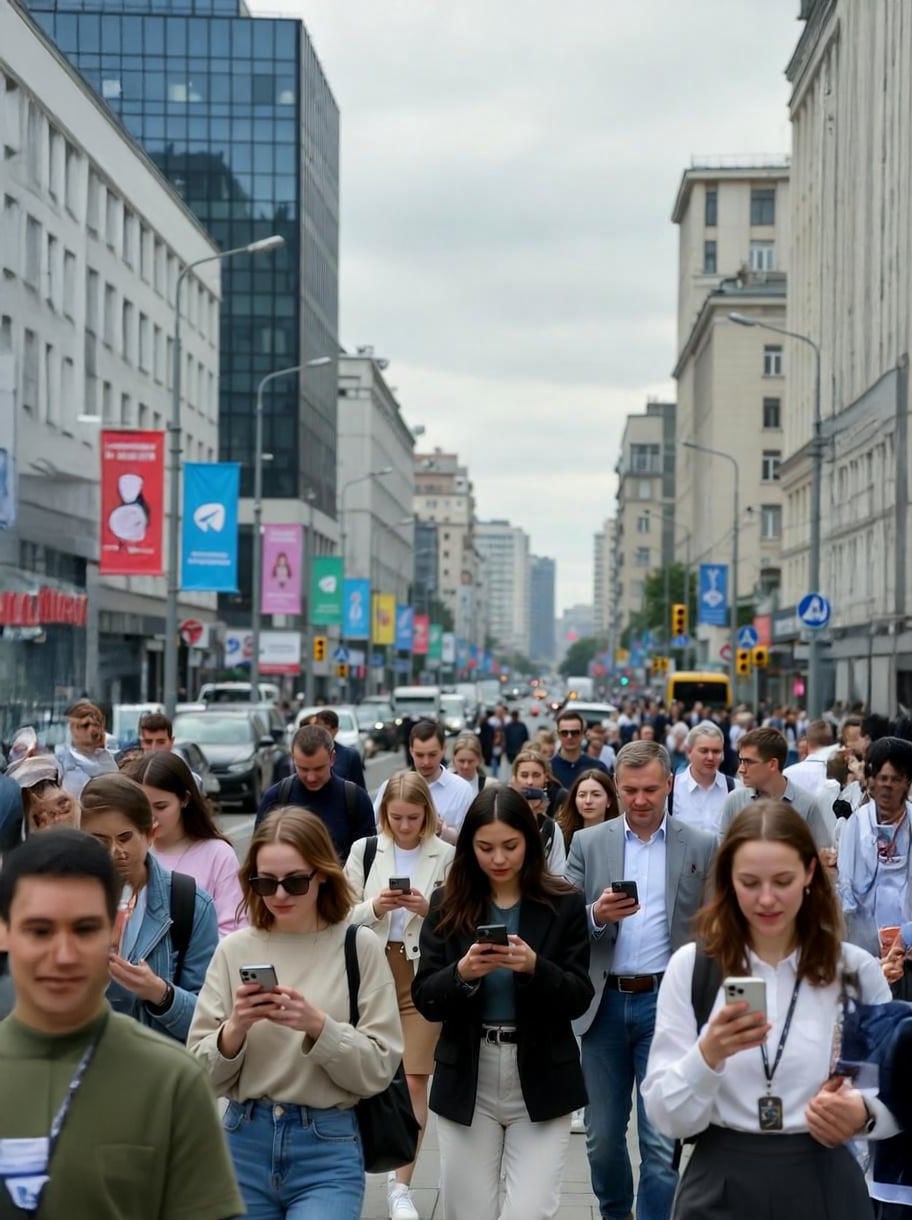 A large crowd of people walks down a busy city street, most of them looking at their smartphones. Tall buildings and colorful banners line the sides of the street, and cars are visible in the background.