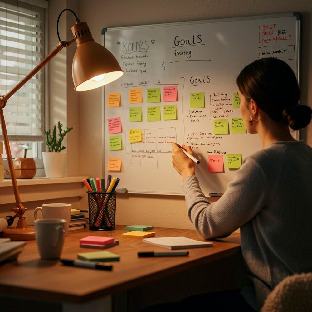 A woman sits at a desk, writing on a whiteboard filled with colorful sticky notes labeled “Goals” in a cozy, softly lit home office with a desk lamp, stationery, and a notebook.